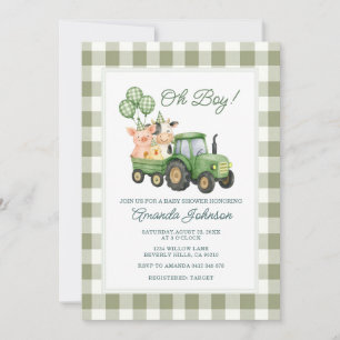 Invitation à la baby shower Oh Boy Green Tractor