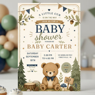 Invitation à la baby shower ours des bois garçon