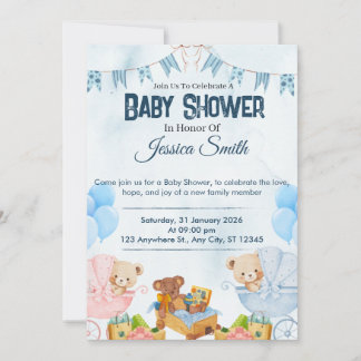Invitation à la baby shower Ourson Bleu