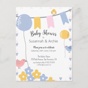 Invitation à la Baby Shower Pastel Birds & Balloon