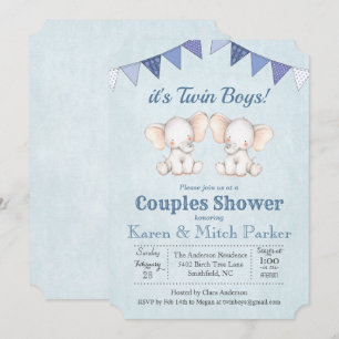 Invitation à la baby shower pour des jumeaux éléph