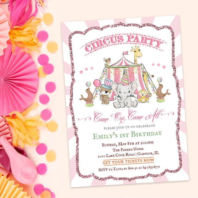 Invitation à la baby shower rose du cirque mignon (Créateur téléchargé)