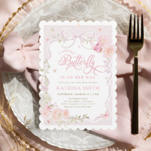 Invitation à la Baby Shower Rose Papillon