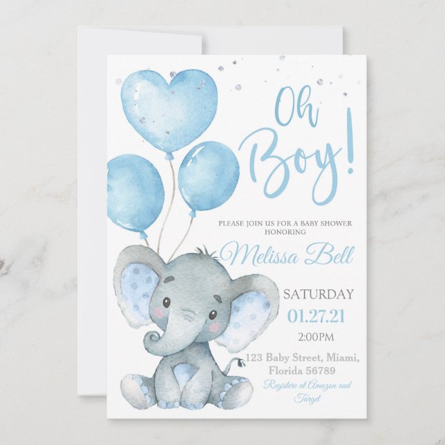 Invitation à la Baby Shower Thème Éléphant Garçon  (Devant)