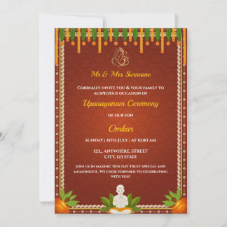 Invitation à la cérémonie du fil, carte Upanayan