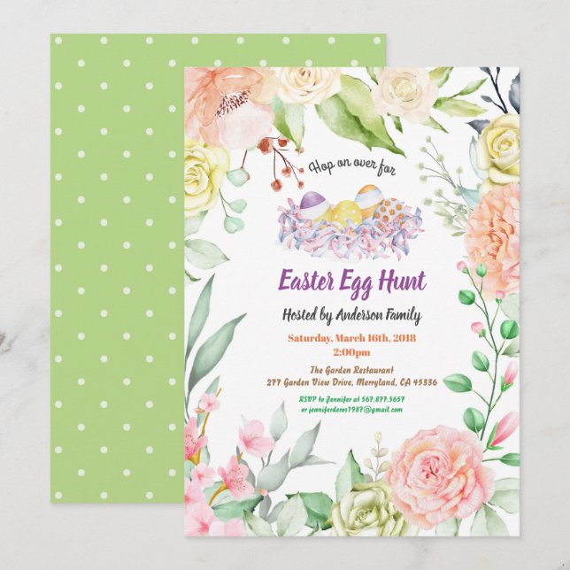 Invitation à la chasse aux oeufs de Pâques.Fleur d (Devant / Derrière)