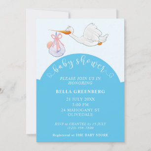 Invitation à la cigogne Baby shower bleu