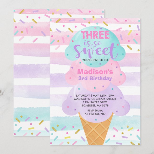 Invitation à la crème glacée 3 ans, c'est joli 3 a (Devant / Derrière)
