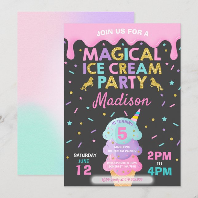 Invitation à la crème glacée Unicorn Ice Cream Par (Devant / Derrière)