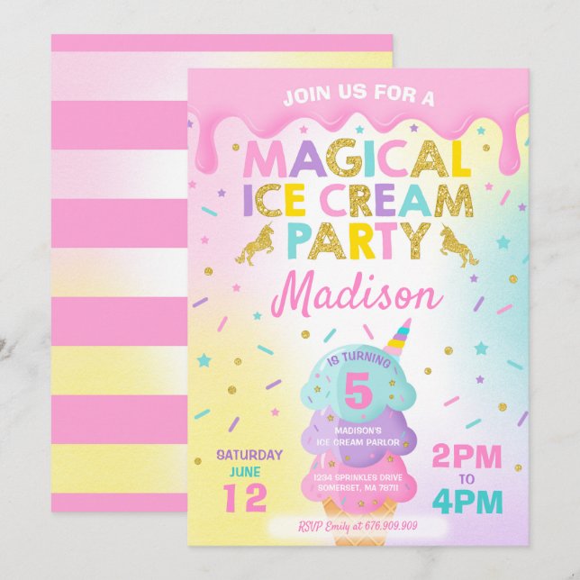 Invitation à la crème glacée Unicorn Ice Cream Par (Devant / Derrière)