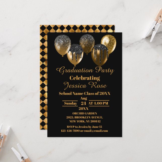 INVITATION À LA DIPLÔME ÉLÉGANTE NOIRE ET OR (Devant/Arrière en situation)