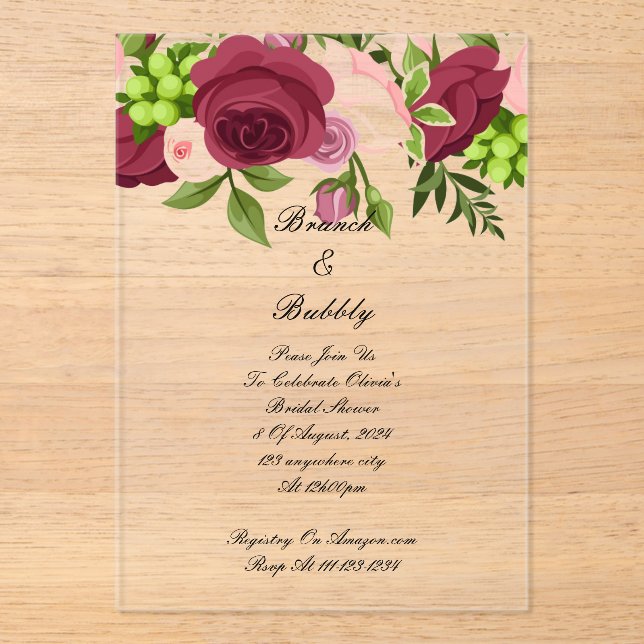 Invitation à la douche à nuptiale florale bordeaux (Recto)