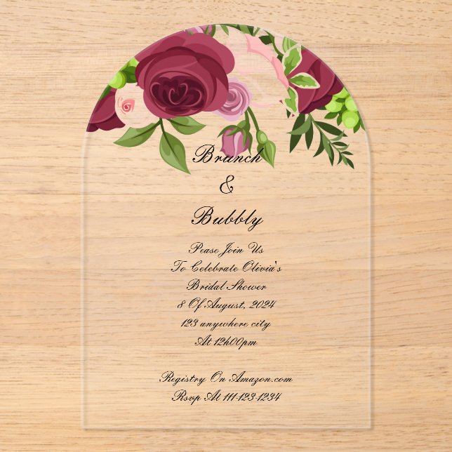 Invitation à la douche à nuptiale florale bordeaux (Recto)