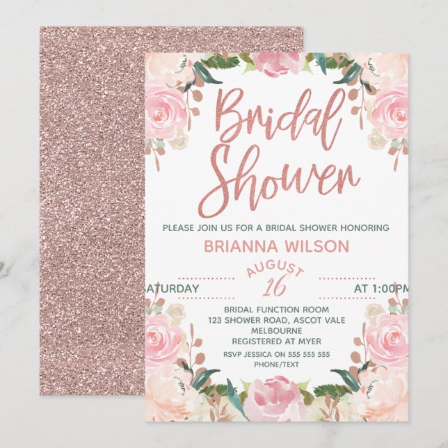 Invitation à la douche de la mariée Floral Rose (Devant / Derrière)