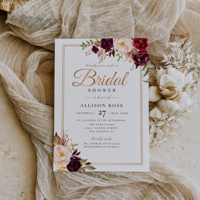 Invitation à la douche de la mariée rousse bordeau (Créateur téléchargé)