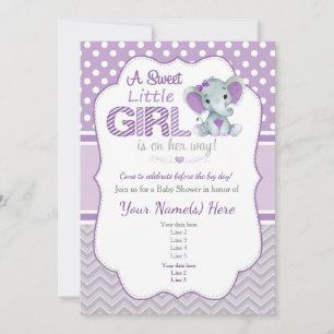 Invitation à la douche d'éléphant bébé en violet e