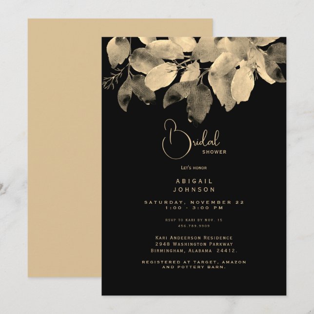 Invitation à la douche nuptiale Black & Gold Folia (Devant / Derrière)