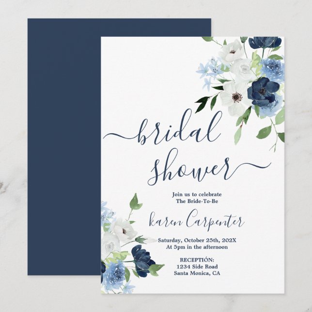 Invitation à la douche nuptiale bleu de la marine (Devant / Derrière)