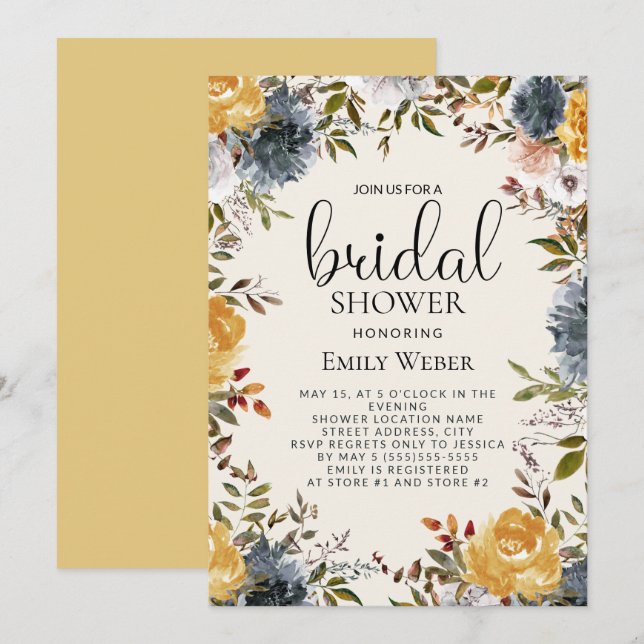 Invitation à la douche nuptiale bleu jaune Floral (Devant / Derrière)
