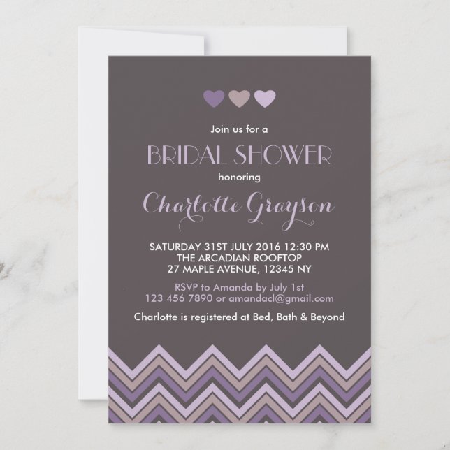 Invitation à la douche nuptiale Chevron gris et vi (Devant)