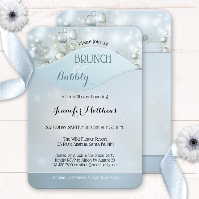 Invitation à la douche nuptiale de Brunch (Bubbles and brunch bridal shower invitation featuring dandelions and light sparkles on dusty blue)