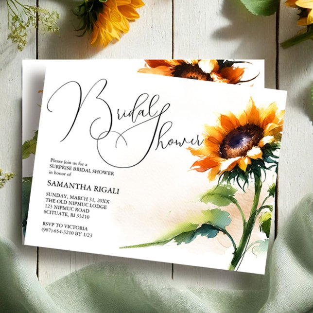 Invitation à la douche nuptiale de tournesol (rustic sunflower bridal shower invitations in watercolor shades of yellow and green by VG Invites)