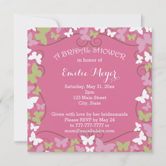 Invitation à la douche nuptiale des papillons vert (Devant)