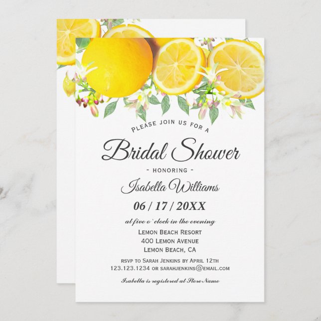 Invitation à la douche nuptiale d'été Boho Lemon (Devant / Derrière)
