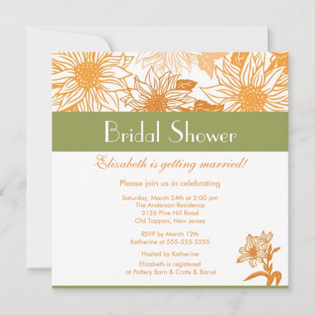 Invitation à la douche nuptiale du tournesol orang (Devant)