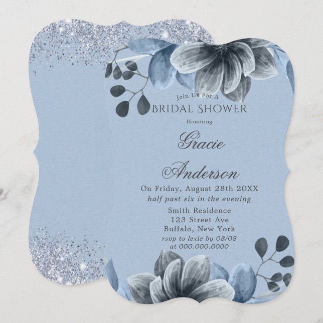 Invitation à la douche nuptiale en argent bleu Dus (Devant / Derrière)