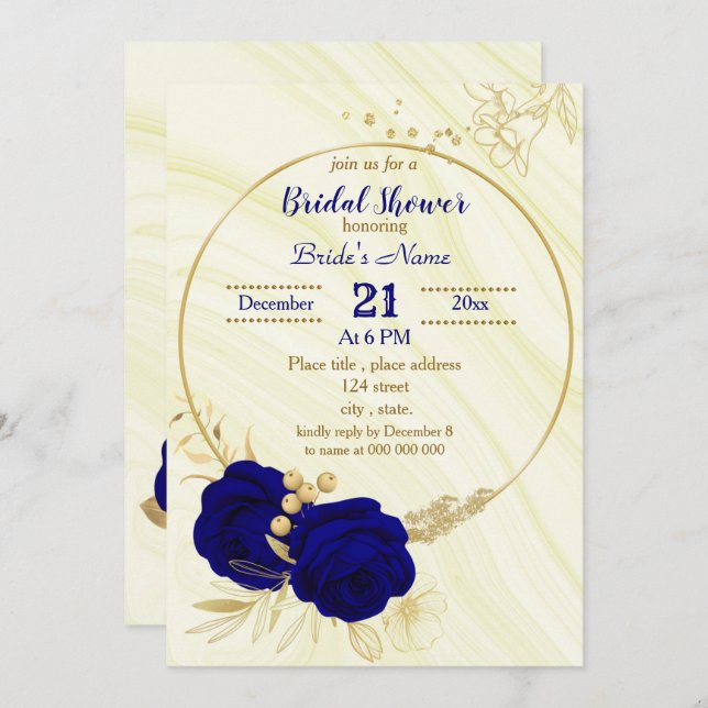 invitation à la douche nuptiale fleurie bleu royal (Devant / Derrière)