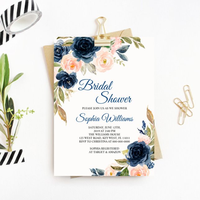 Invitation à la douche nuptiale florale bleu et bl (Créateur téléchargé)
