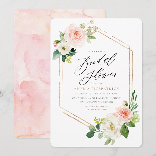 Invitation à la douche nuptiale florale d'or (Devant / Derrière)