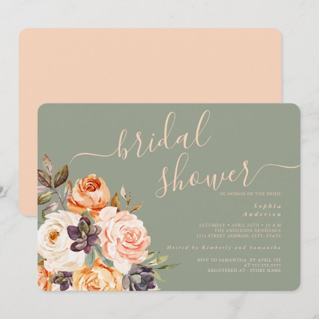 Invitation à la douche nuptiale florale Peach Sage (Devant / Derrière)