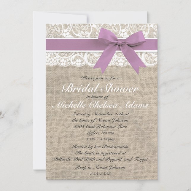 Invitation à la douche nuptiale Lavender Lace Burl (Devant)