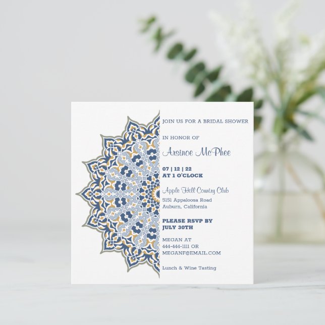Invitation à la douche nuptiale Mandala bleu et or (Debout devant)