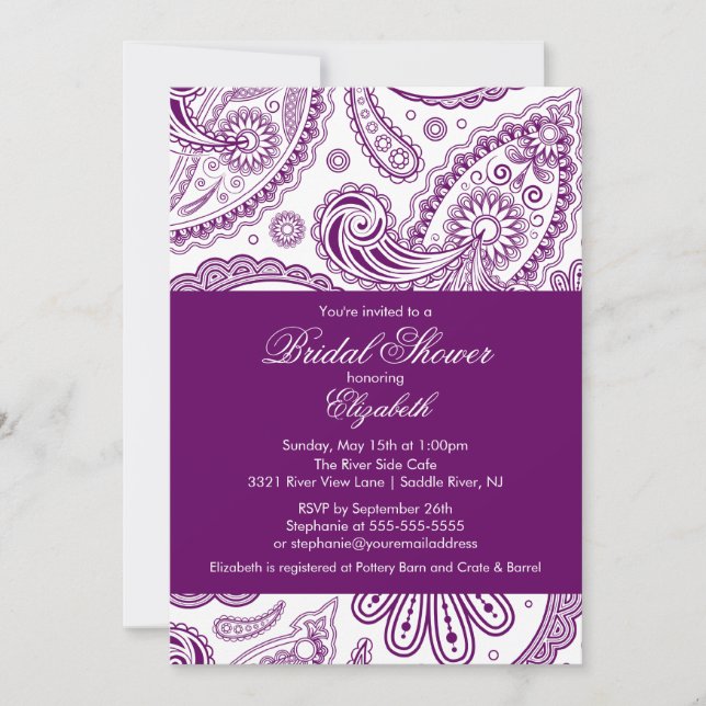 Invitation à la douche nuptiale Paisley Purple & W (Devant)