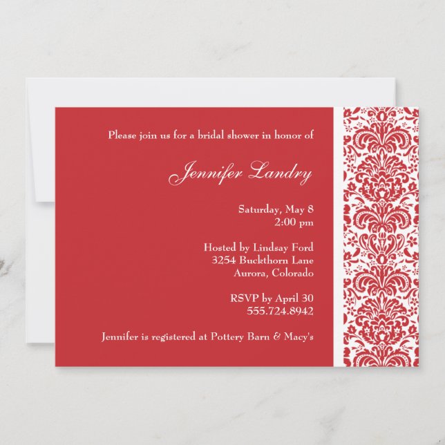 Invitation à la douche nuptiale Red Damask (Devant)