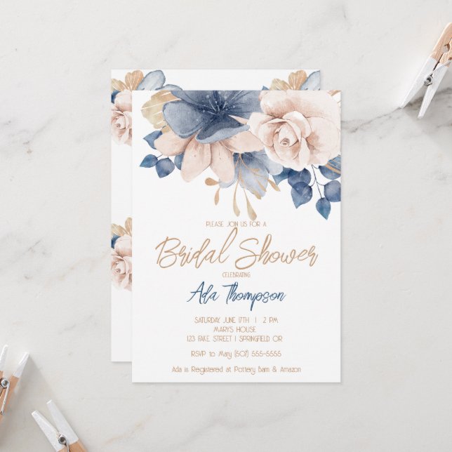 Invitation à la douche nuptiale Rose, bleue et blu (Devant/Arrière en situation)