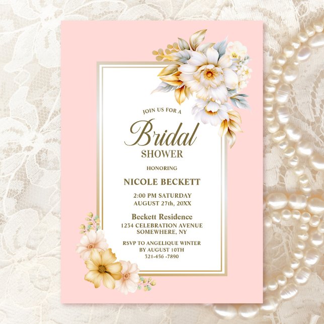 Invitation à la douche nuptiale rose floral blanc (Créateur téléchargé)