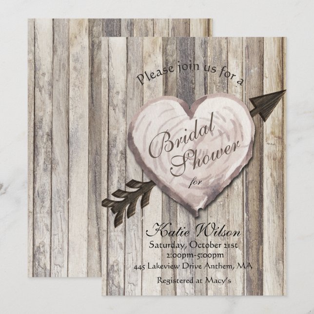 Invitation à la douche nuptiale Rustic Wood Heart (Devant / Derrière)