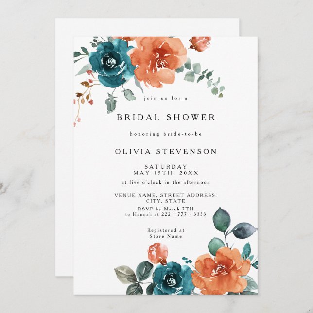 Invitation à la douche nuptiale Turquoise orange b (Devant / Derrière)