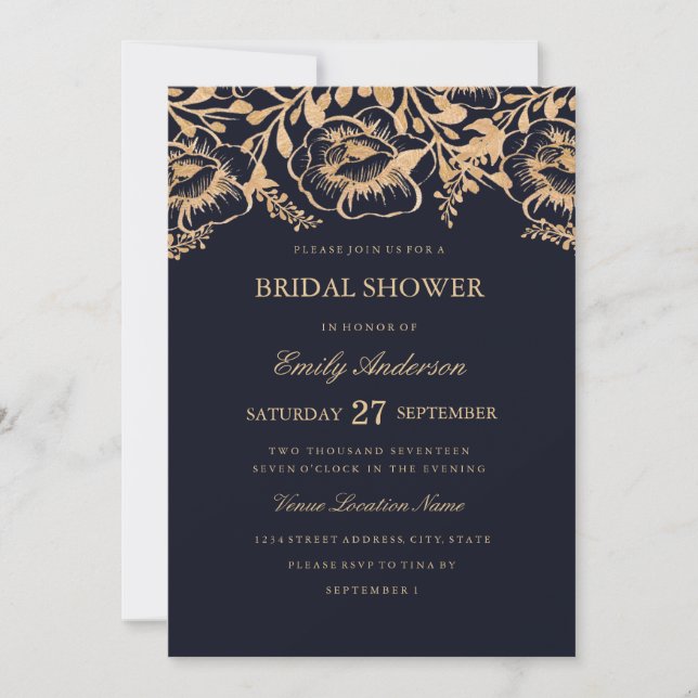 Invitation à la douche nuptiale vintage Gold Navy  (Devant)