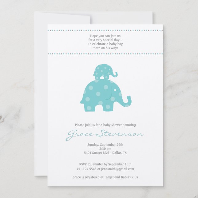 Invitation à la douche pour bébé bébé éléphant (Devant)