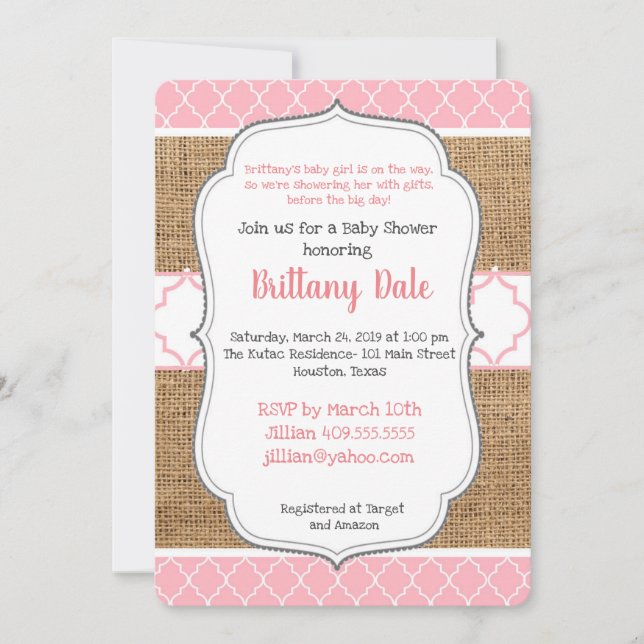 Invitation à la douche pour bébé fille (Devant)
