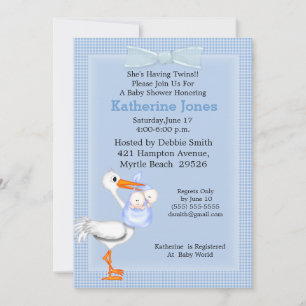 Invitation à la douche pour bébé jumeaux (cigogne)