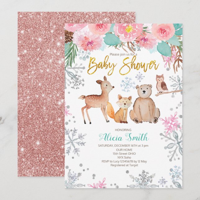 Invitation à la douche pour bébé rose Woodland (Devant / Derrière)