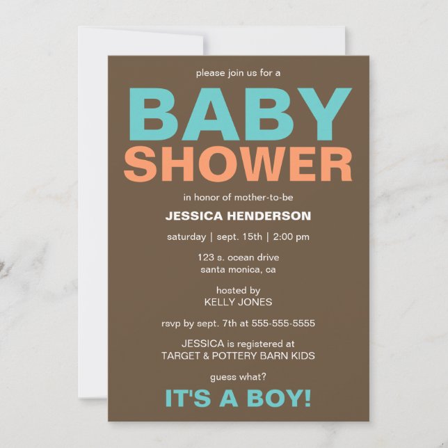 Invitation à la douche pour bébés - Brown/Turquois (Devant)