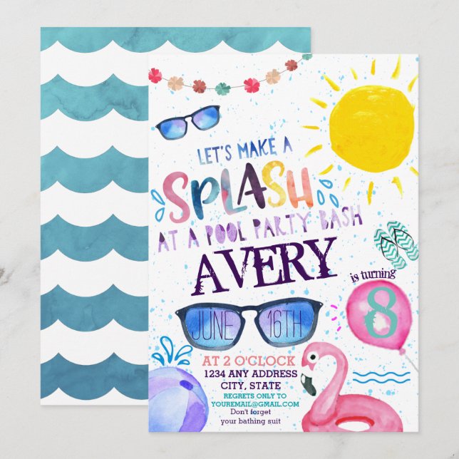 Invitation à la fête au bord de la piscine aquarel (Devant / Derrière)