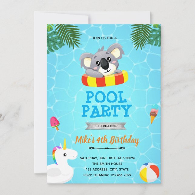 Invitation à la fête au bord de la piscine koala (Devant)